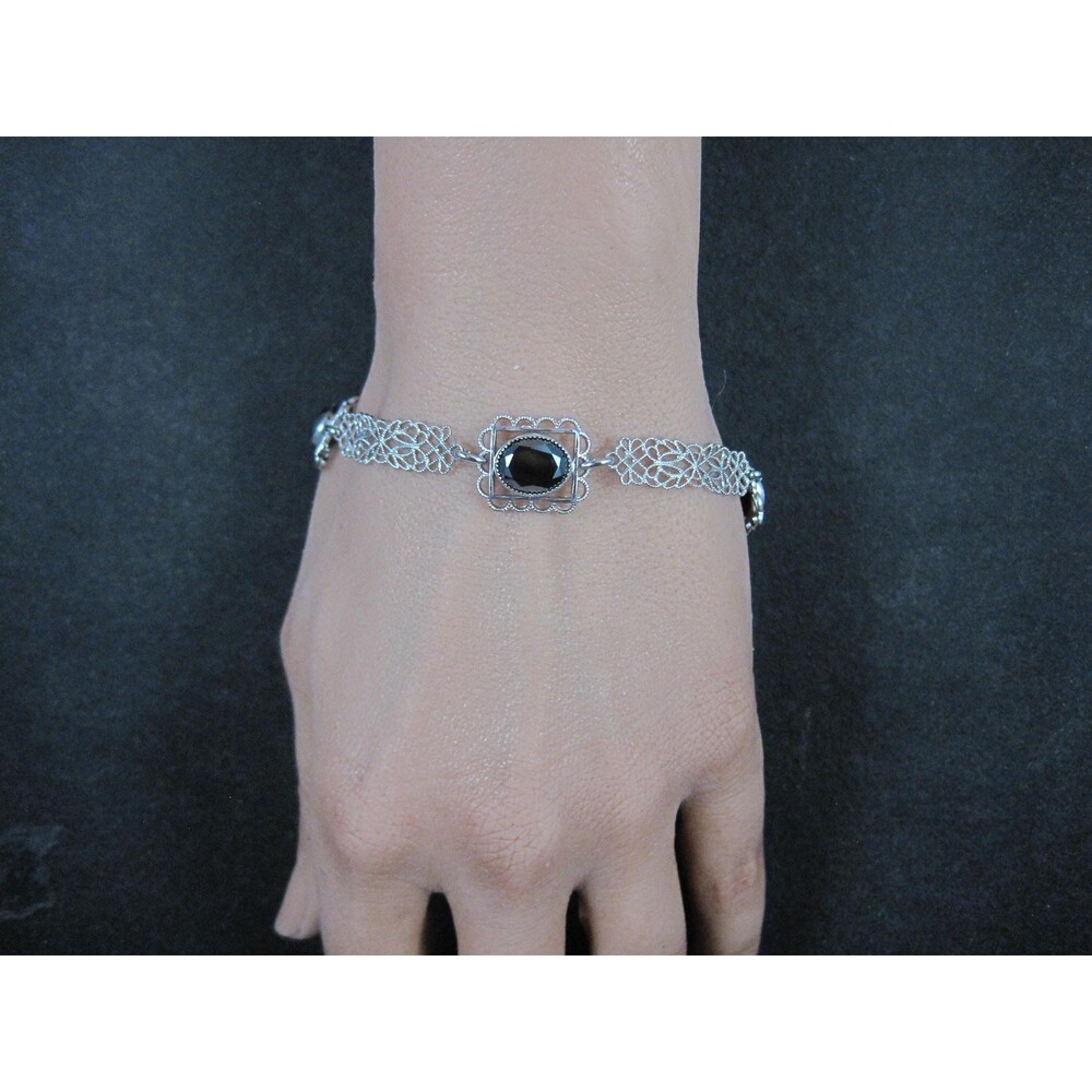 Filigree Hematite Bracelet 14K White Gold Filled 7.5 Inches